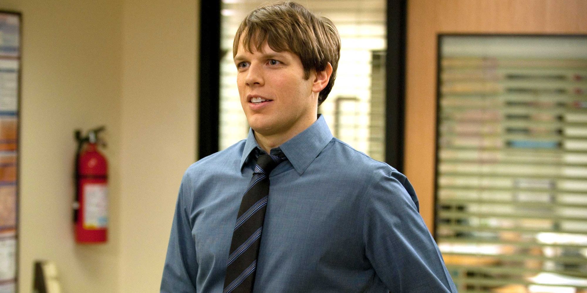 Jake Lacy looking uncomfortable as Pete Miller in The Office