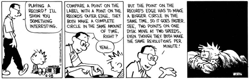 Calvin's dad explaining to him how a record player works in Calvin and Hobbes.