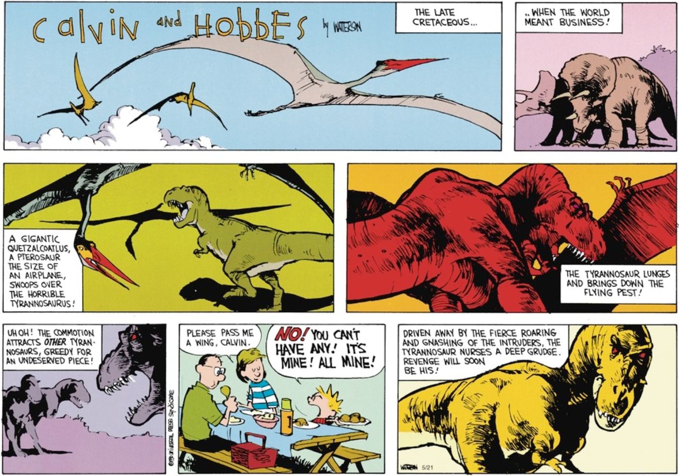 Calvin imagining a scene involving dinosaurs killing each other in Calvin and Hobbes.