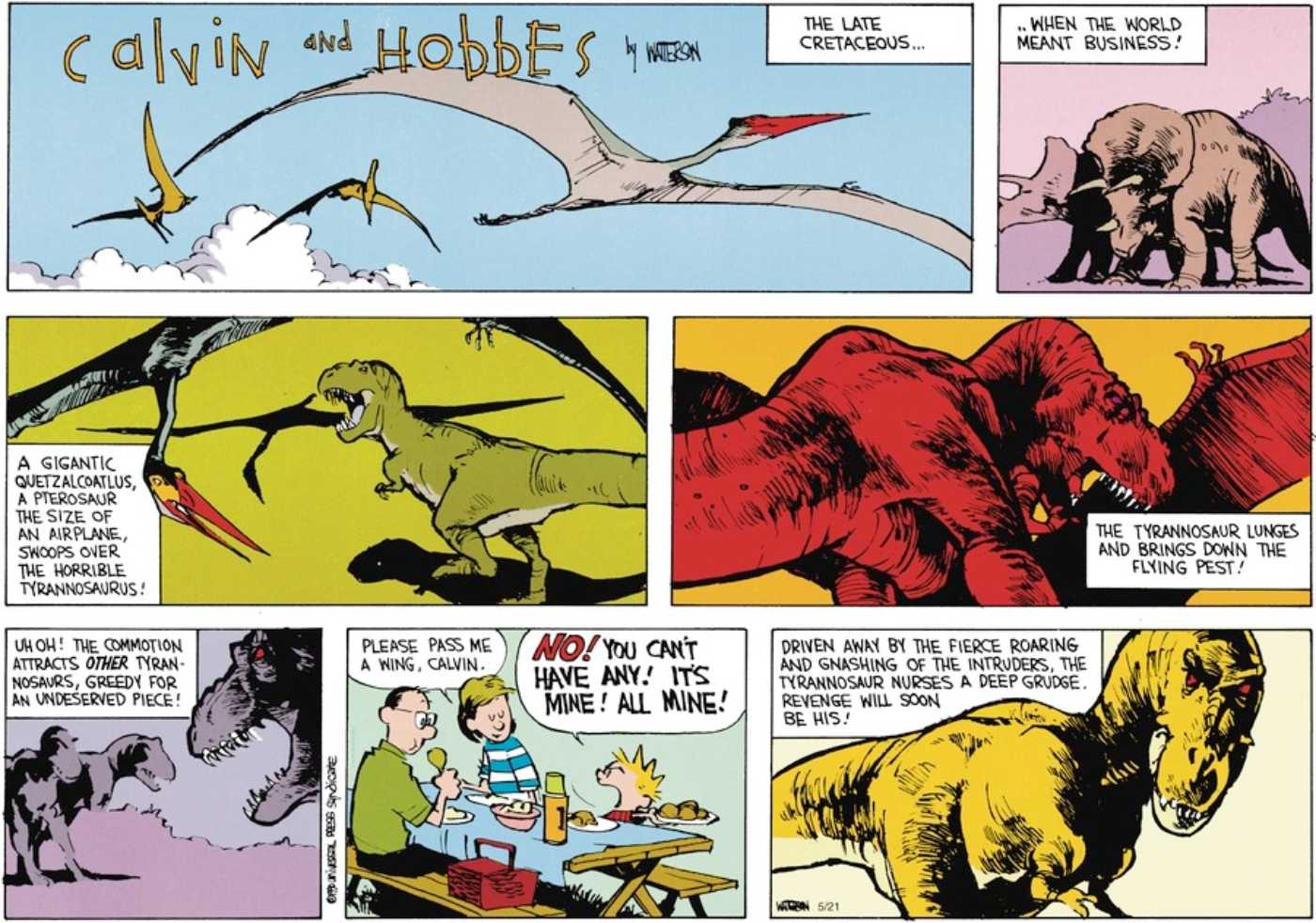 Calvin imagining a scene involving dinosaurs killing each other in Calvin and Hobbes.