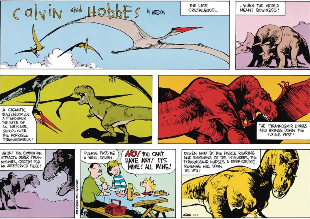 Calvin imagining a scene involving dinosaurs killing each other in Calvin and Hobbes.