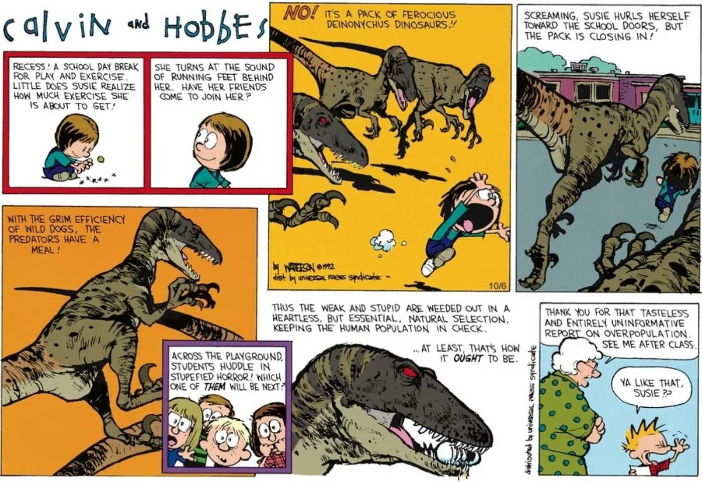 Calvin and Hobbes' Calvin imagining a classmate is being eaten by dinosaurs.