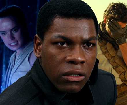 Лево: Рей, возвышающаяся над Кило Реном в "Звездных войнах: Пробуждение силы"; Центр: Фин, пристально смотрящий в "Звездных войнах: Последние джедаи"; Центр: По Дэмрон с лицом в руках в "Звездных войнах: Скайуокер. Восход".