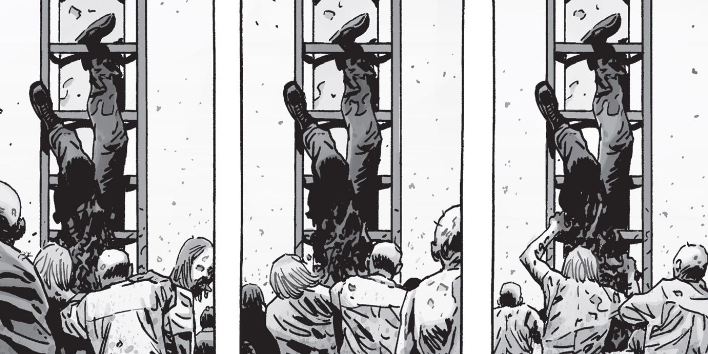 Comic book panels: The Walking Dead's Gabriel hanging upside down from a ladder, getting eaten by zombies.