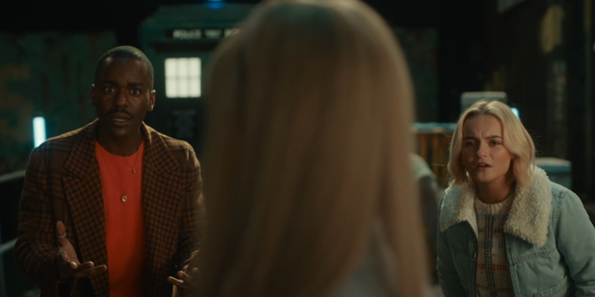 The Doctor and Ruby looking confused at Lindy in Doctor Who