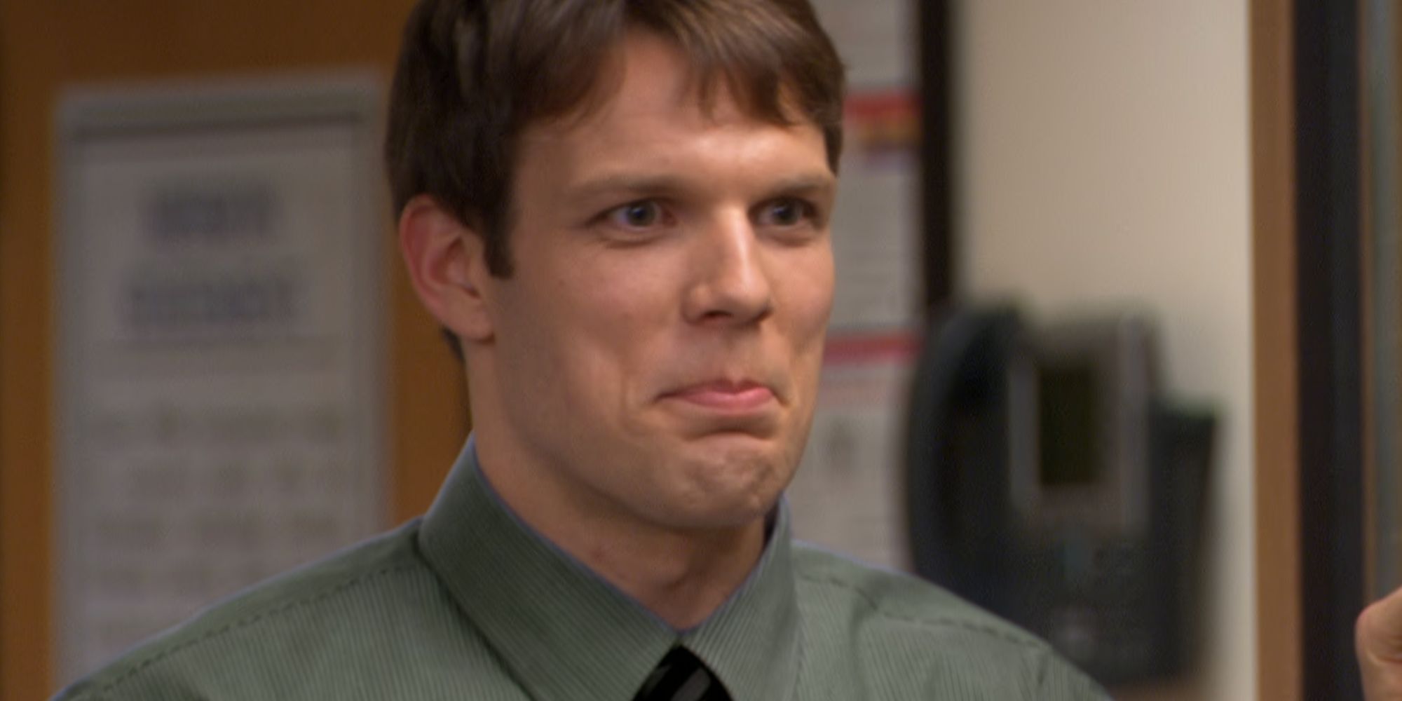 Jake Lacy looking uncomfortable as Pete Miller in The Office