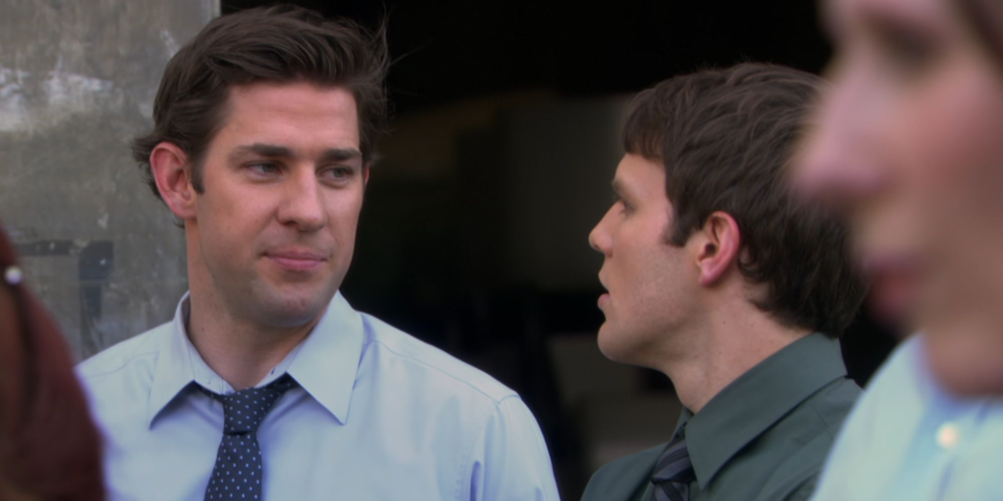 Jake Lacy as Pete Miller in The Office speaking with John Krasinski as Jim Halpert