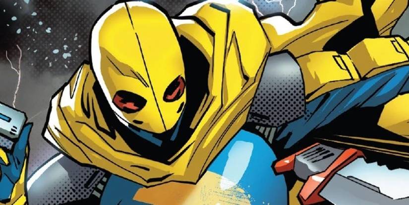A close -up of Spymastre brandishing a pistol in a Marvel comic strip