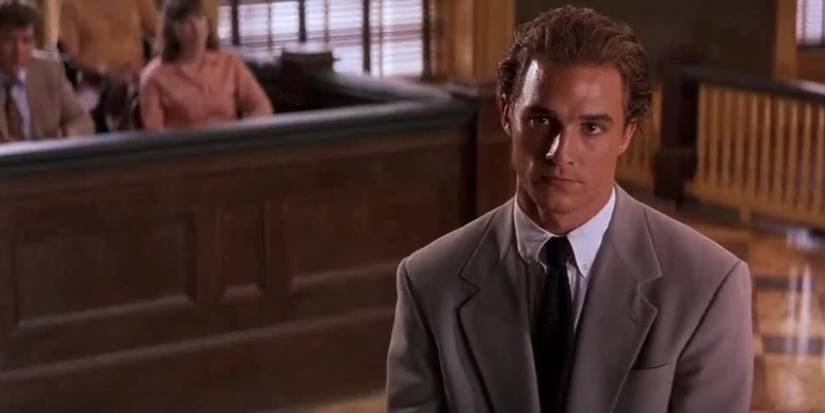 Matthew McConaughey em uma cena de tribunal do filme A Time to Kill.