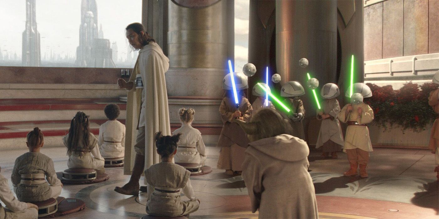 Jedi Master Sol guiding younglings through meditation in The Acolyte episode 1 and Jedi Master Yoda training younglings with lightsabers in Star Wars: Episode II - Attack of the Clones.