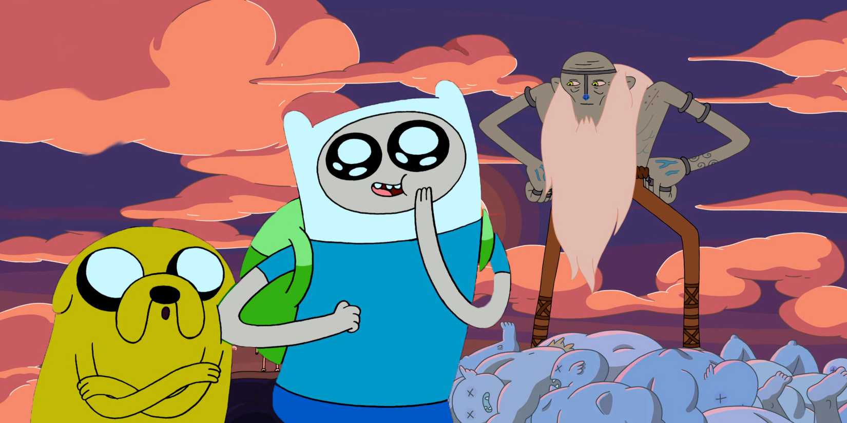 The 10 Greatest Fantasy Series Over the Last 15 Years 8 Finn and Jake from Adventure Time, looking starstruck at the ancient hero Billy, standing atop a pile of orcs.
