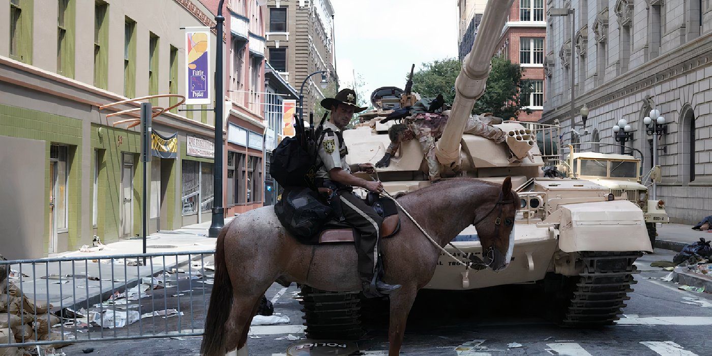 Andrew Lincoln as Rick Grimes riding a horse in The Walking Dead, Days Gone Bye
