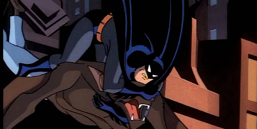 Batman blinding Man-Bat in mid-air in Batman: The Animated Series, On Leather Wings