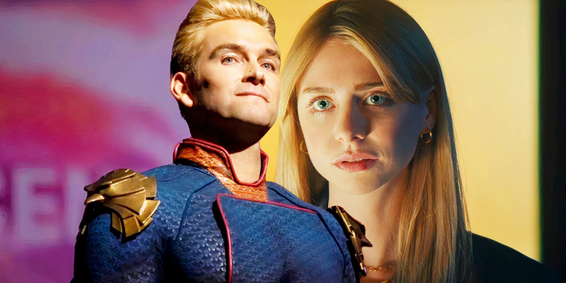 Antony Star as Homelander in The Boys juxtaposed with Maddie Phillips as Cate in Gen V