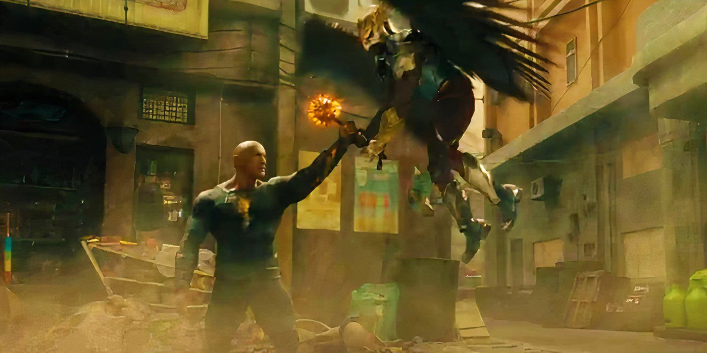 Black Adam fighting Hawkman in Black Adam