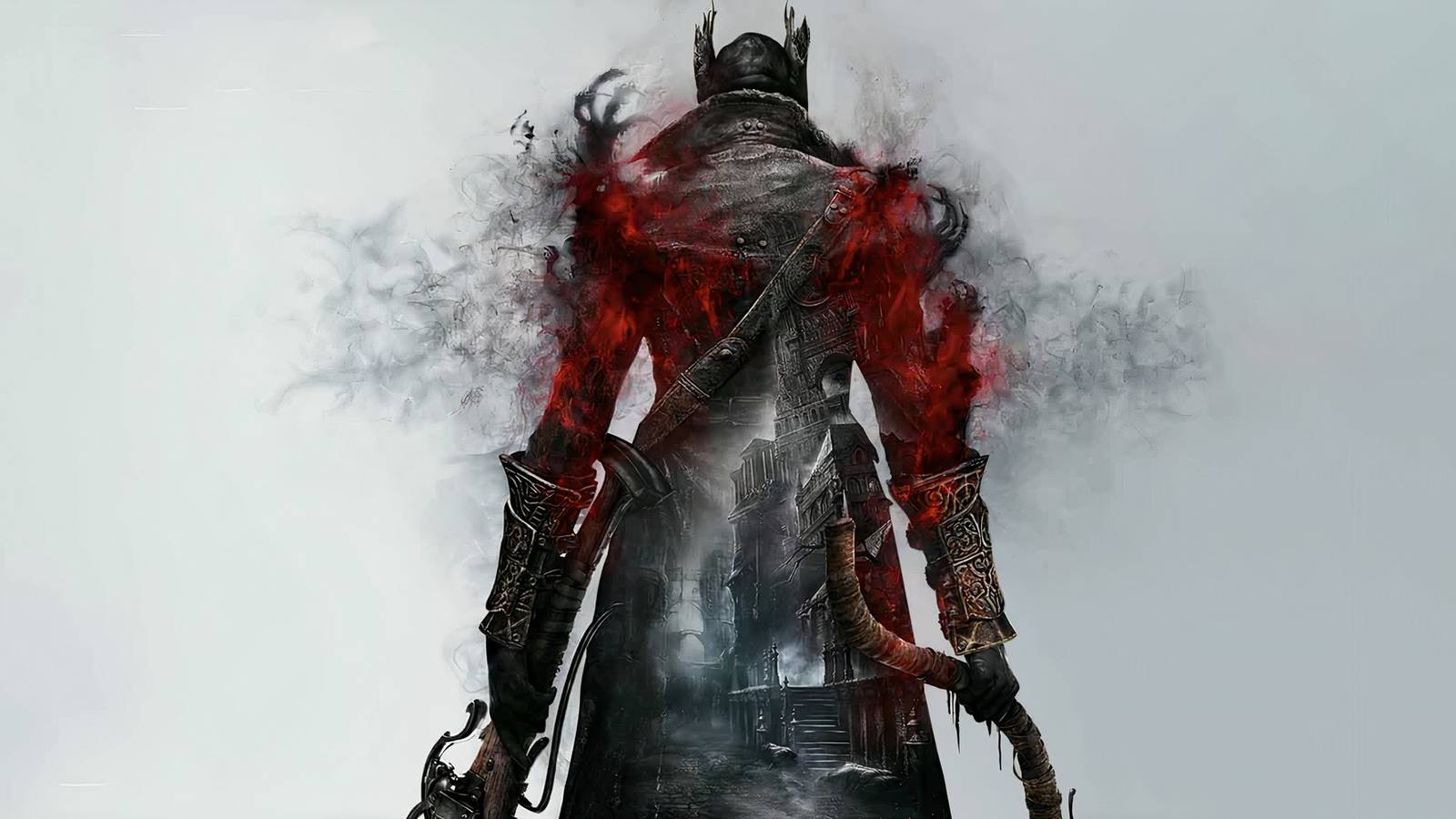 Bloodborne's Hunter on a red background with red smoke around him