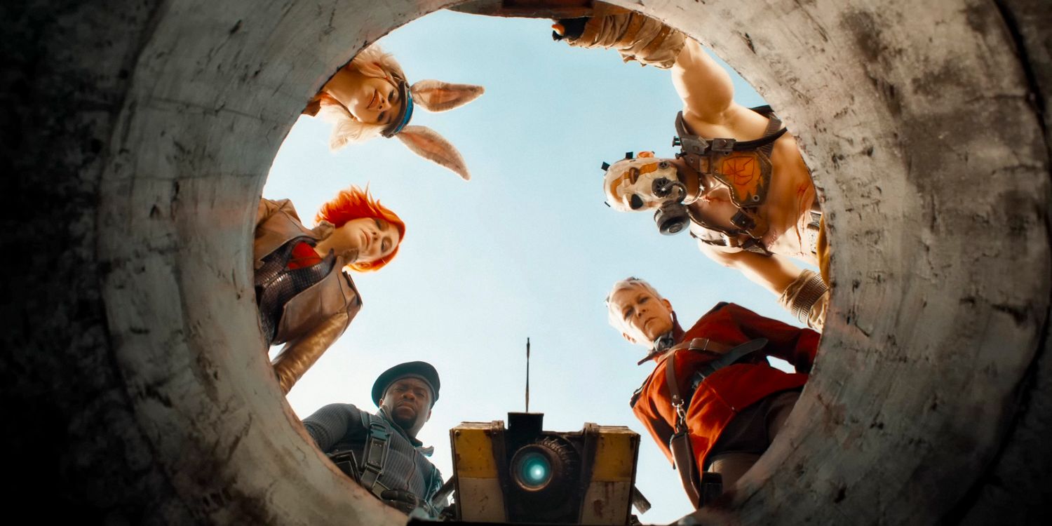 Tiny Tina (Ariana Greenblatt), Lilith (Cate Blanchett), Roland (Kevin Hart), Claptrap, Tannis (Jamie Lee Curtis), and Krieg (Florian Munteanu) looking into the depths of a subterranean tunnel in Borderlands