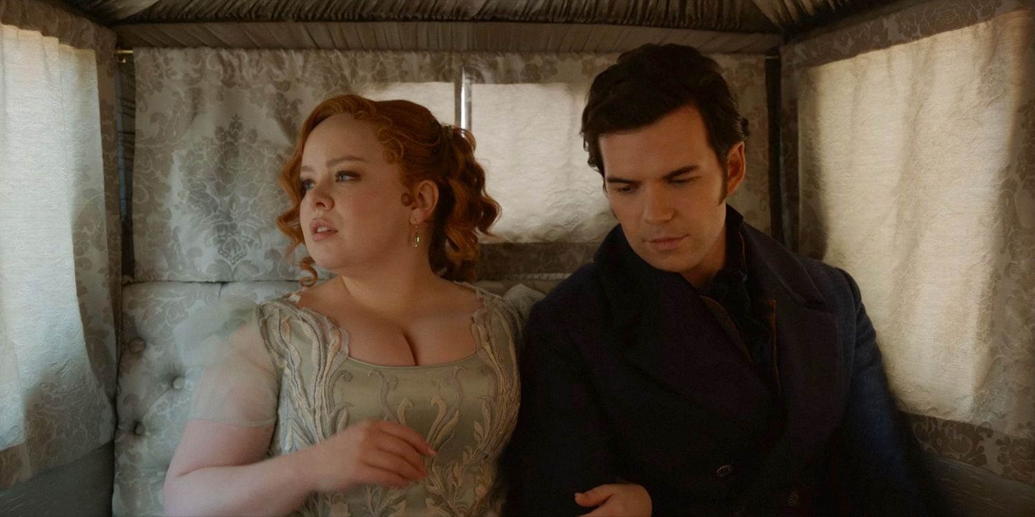 Penelope (Nicola Coughlan) and Colin Bridgerton (Luke Newton) sharing a carriage in Bridgerton season 3 episode 5