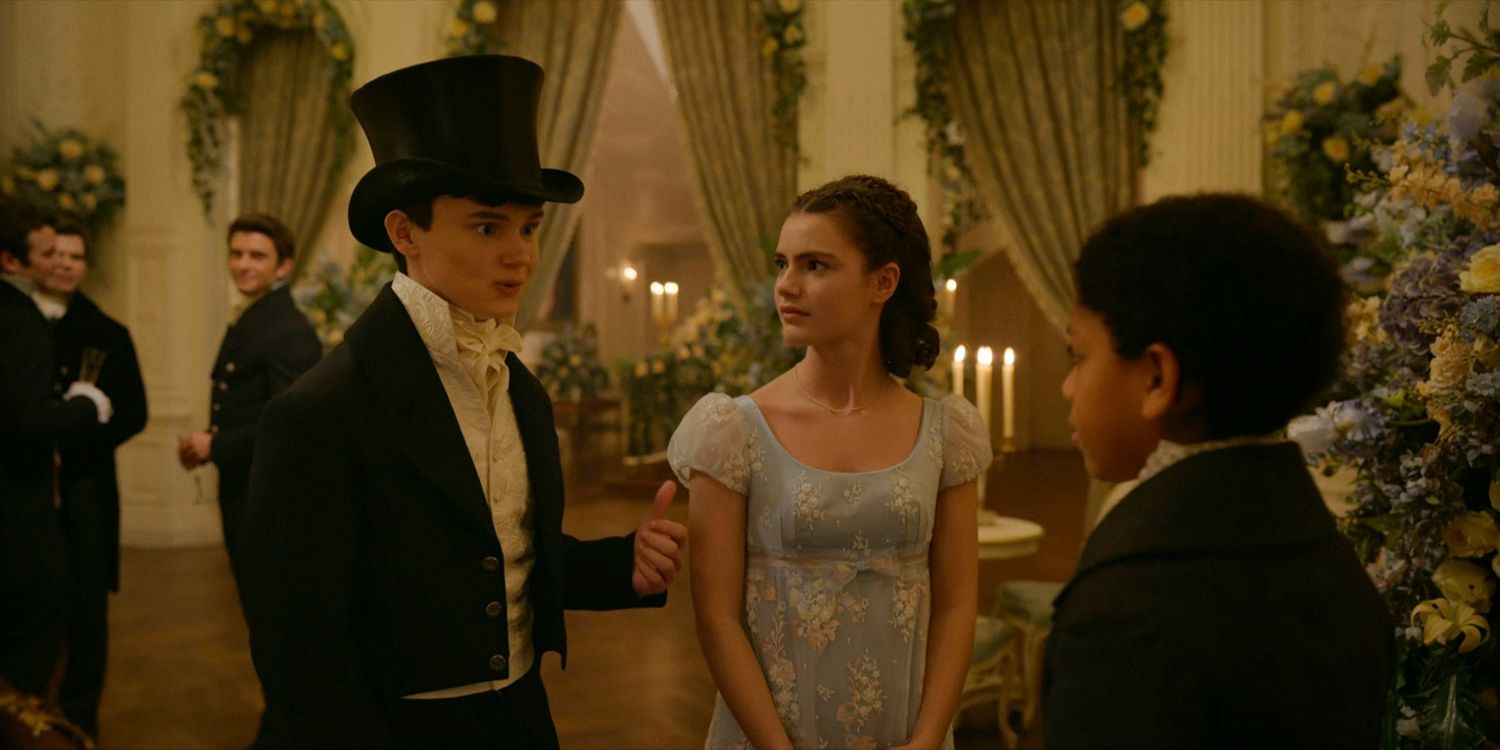 Gregory Bridgerton (Will Tilston) and Hyacinth Bridgerton (Florence Hunt) chatting with Nicky Mondrich (James Bryan) in Bridgerton season 3 episode 5