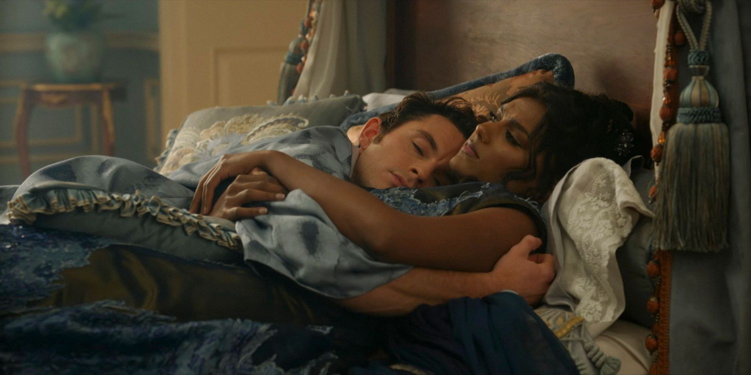 Anthony Bridgerton (Jonathan Bailey) and Lady Kate Bridgerton (Simone Ashley) cuddling in Bridgerton season 3 episode 5