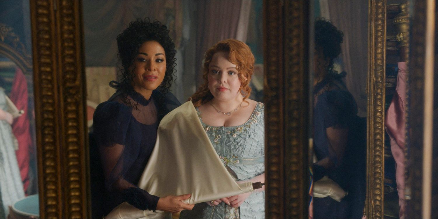 Genevieve Delacroix (Kathryn Drysdale) showing a beautiful fabric to Penelope (Nicola Coughlan) for her wedding dress in Bridgerton season 3 episode 6