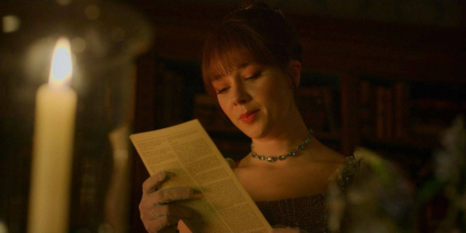 Eloise Bridgerton (Claudia Jessie) reading the Lady Whistledown journal in Bridgerton season 3 episode 6