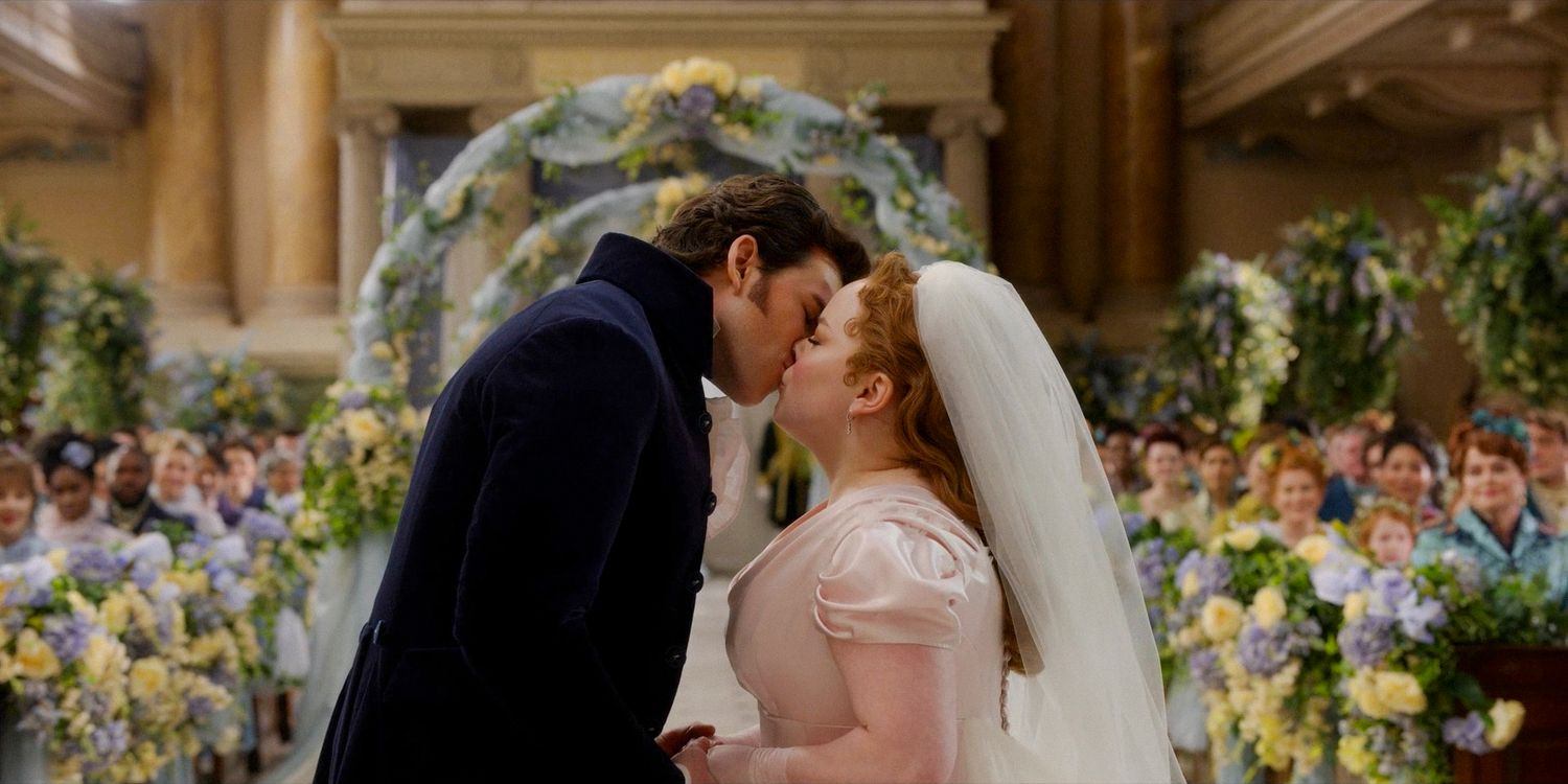 Penelope (Nicola Coughlan) and Colin Bridgerton (Luke Newton) share their first kiss as husband and wife in Bridgerton season 3 episode 7