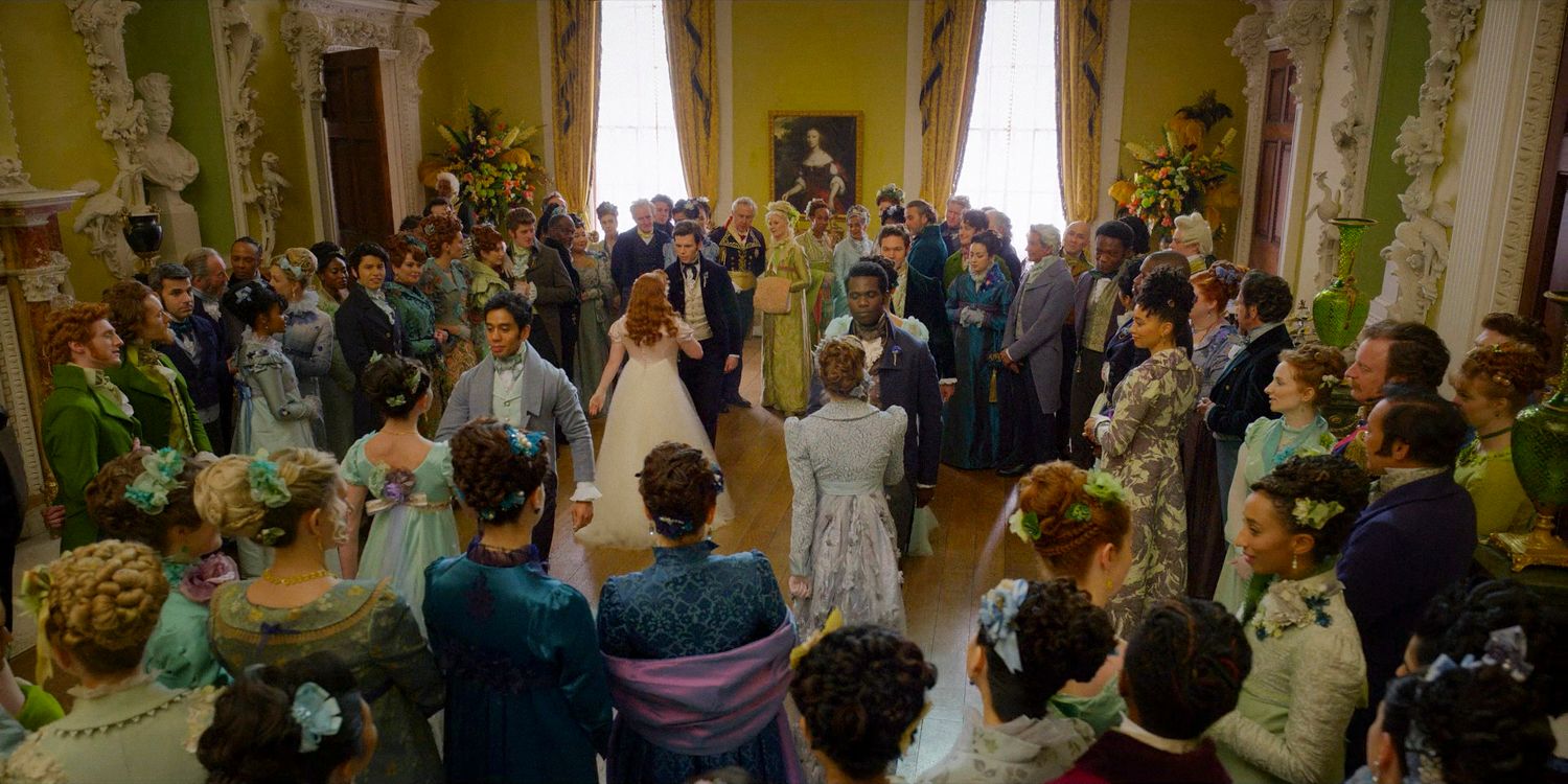 Aerial shot of the ball celebrating Colin and Penelope's marriage in Bridgerton season 3 episode 7