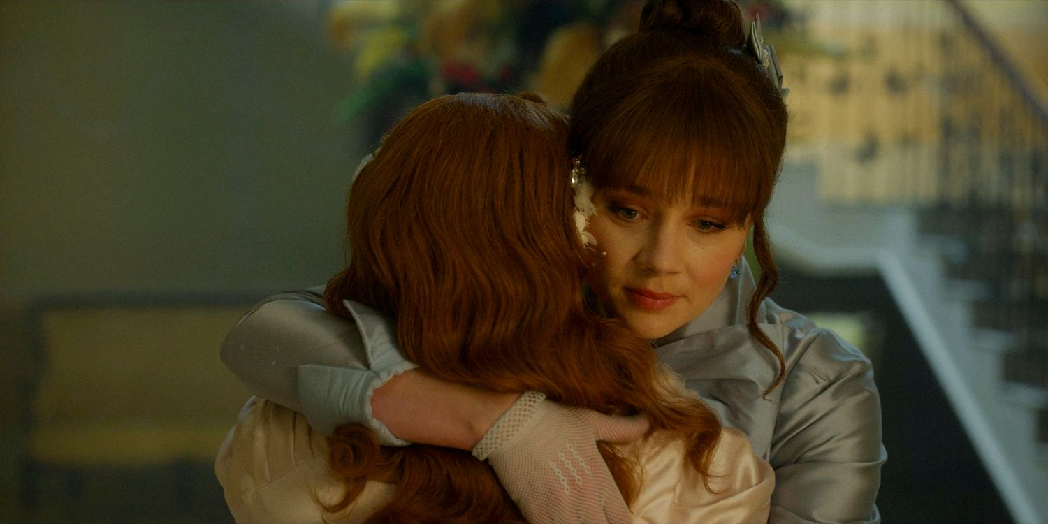 Eloise Bridgerton (Claudia Jessie) looking nostalgic, hugs Penelope in Bridgerton season 3 episode 7