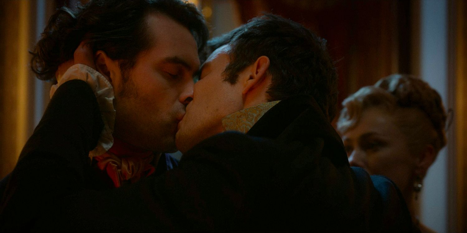 Paul (Lucas Aurelio) and Benedict Bridgerton (Luke Thompson) kissing while Lady Tilley Arnold (Hannah New) looks at them in Bridgerton season 3 episode 7