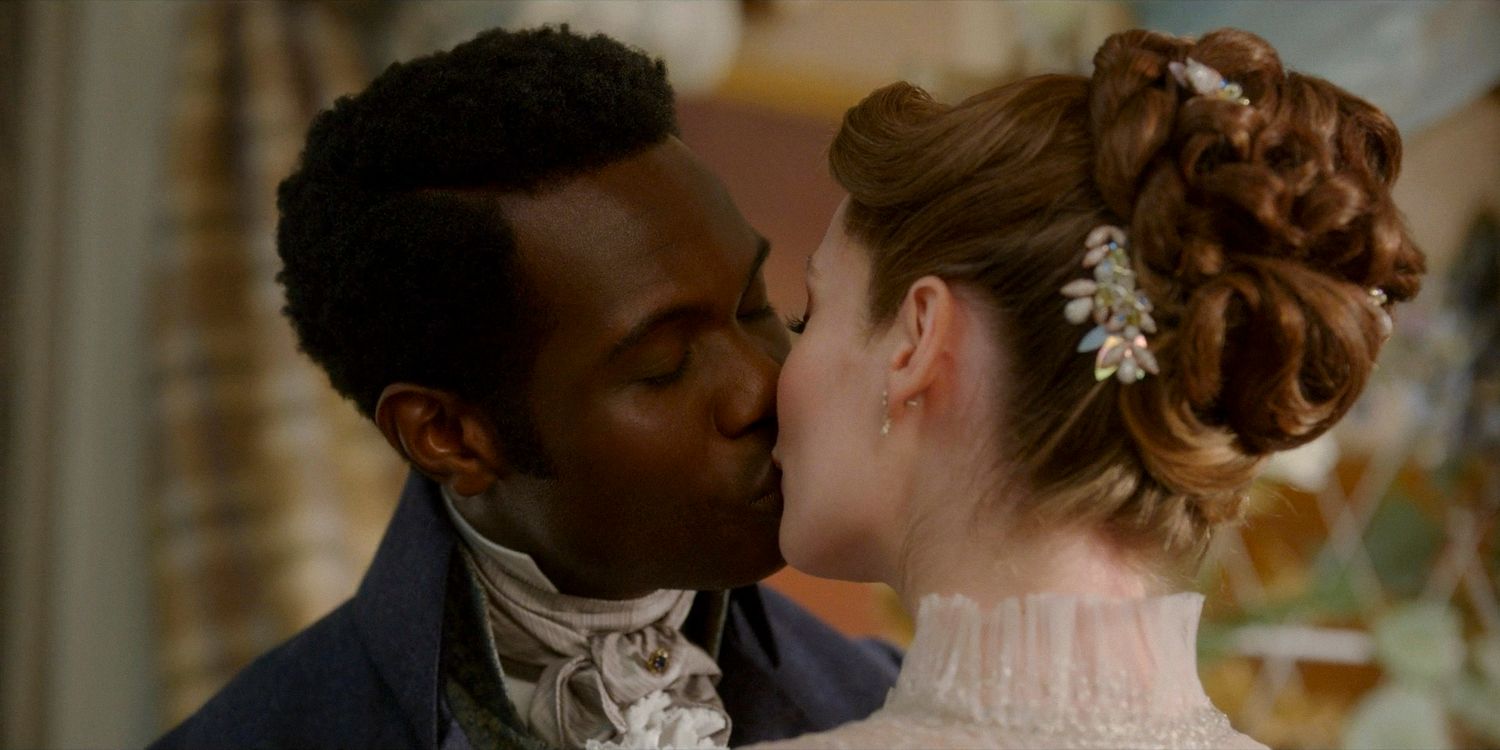 Francesca Bridgerton (Hannah Dodd) and Lord John Stirling (Victor Alli) first kiss as a married couple in Bridgerton season 3 episode 8