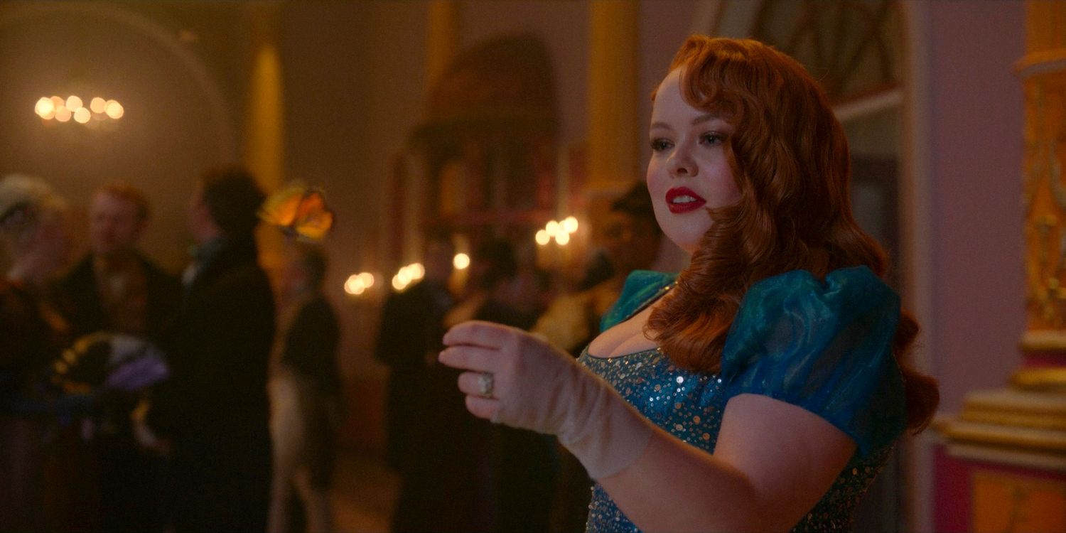 Penelope (Nicola Coughlan) watching a butterfly fly freely at the Dankworth-Finch ball in Bridgerton season 3 episode 8