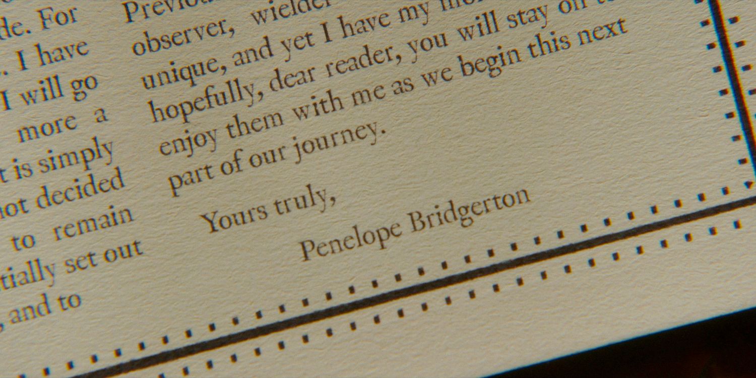 Lady Whistledown leaves her pseudonym behind and signs her journal for the first time as Penelope Bridgerton in Bridgerton season 3 episode 8