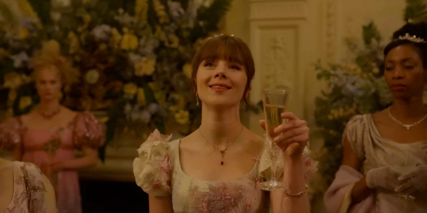 Eloise Bridgerton (Claudia Jessie) jokingly toasting to Penelope and Colin's engagement in Bridgerton season 3 Part 2