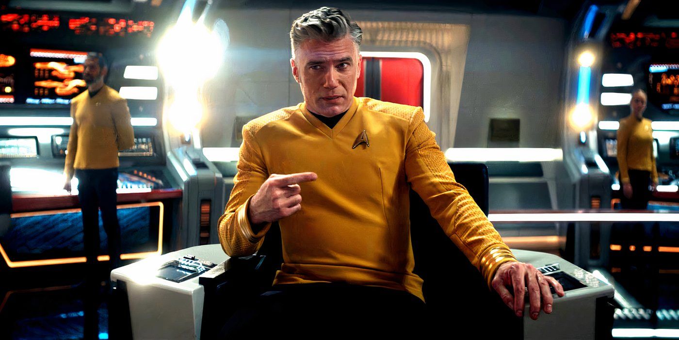 Captain Pike in Captain's chair during Star Trek musical episode