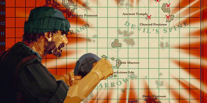 Charcater inpecting a treasure map and the 'X' mark from Dredge