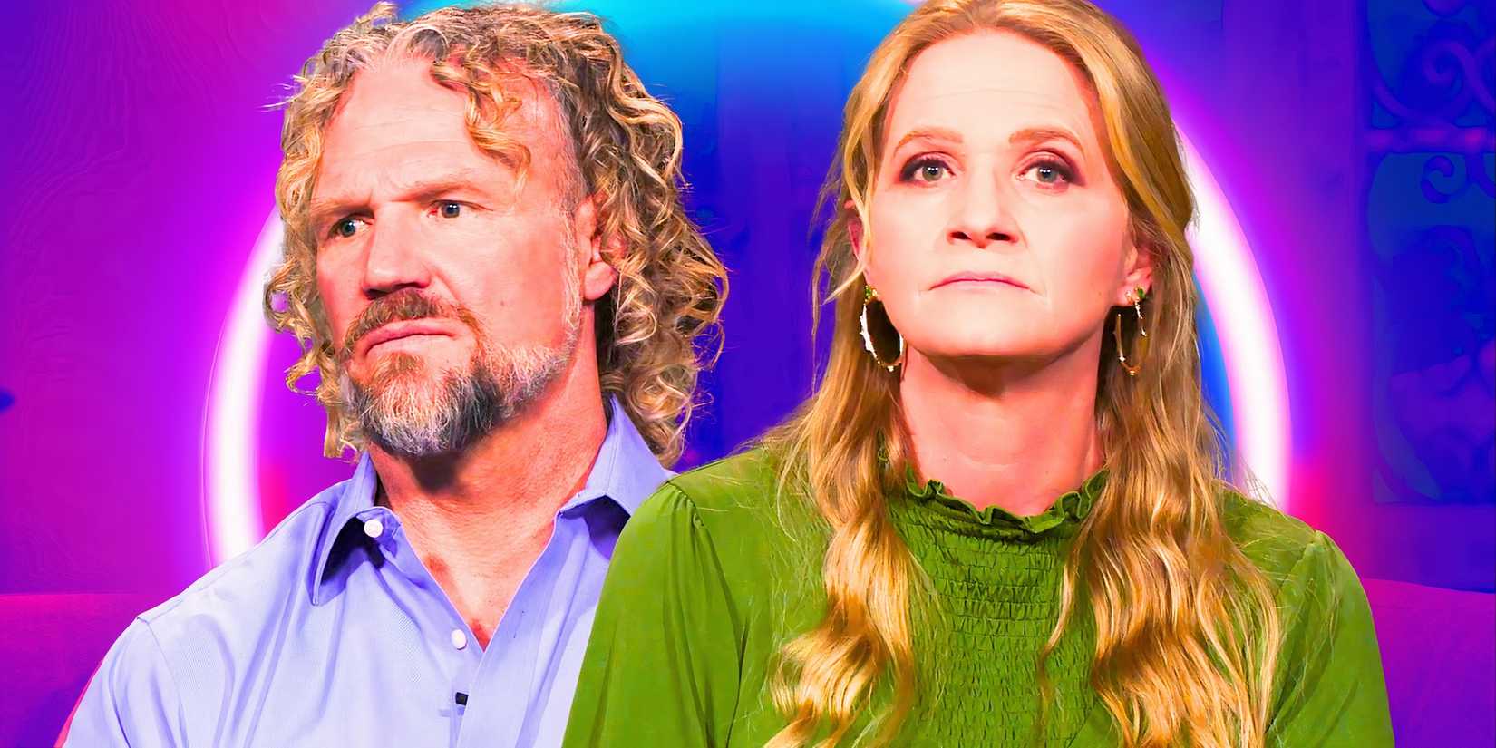christine and kody brown from sisters wives in montage with both looking miserable and blue and purple background