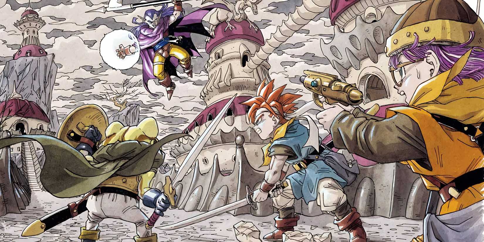 Chrono Trigger artwork depicting the cast readying for a fight in a desolate city street.