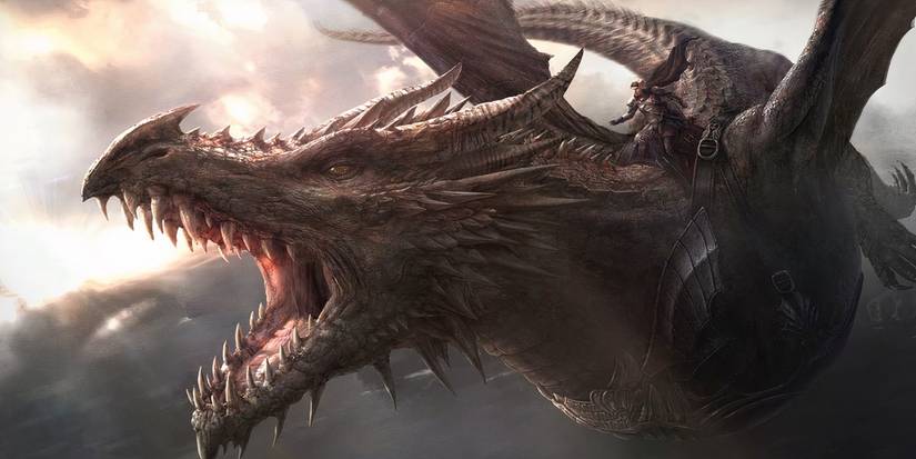 Close-up of Balerion being flown by Aegon the Conqueror in The World of Ice and Fire art