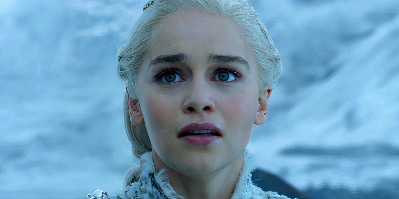 Close-up of Emilia Clarke as Daenerys looking scared and shocked in Game of Thrones season 7 episode 6