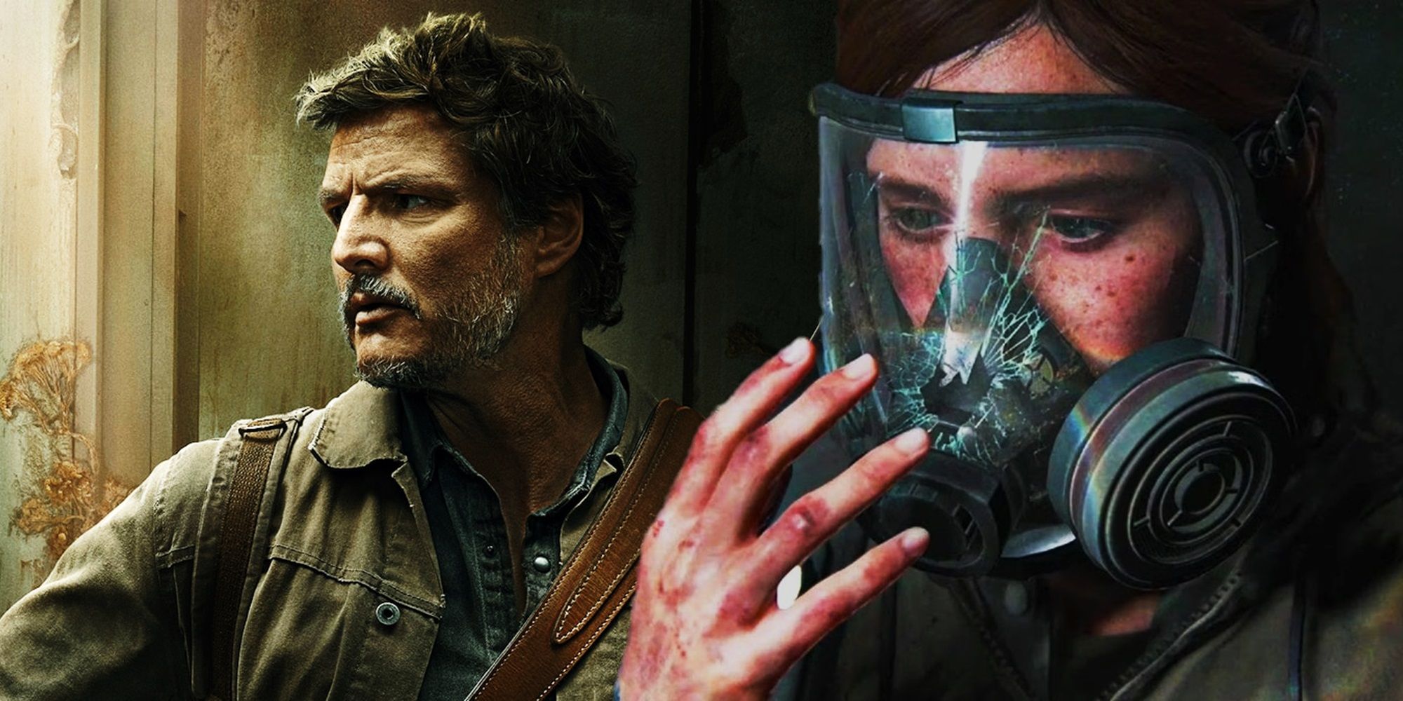 Collage of Pedro Pascal in The Last of Us and Ellie with a broken gas mask in The Last of Us Part II.