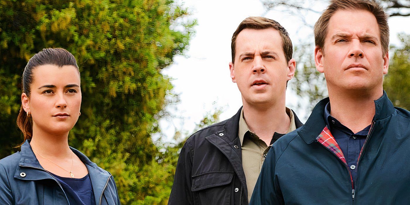 Cote de Pablo as Ziva, Sean Murray as McGee, and Michael Weatherly as Tony standing together outside in NCIS