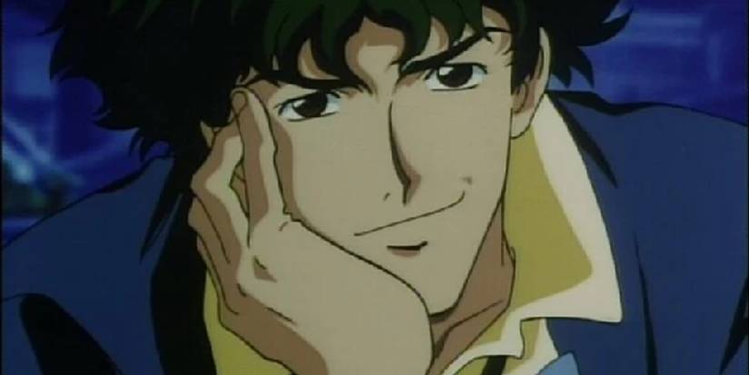 Spike Spiegel from Cowboy Bebop resting his head on his hand and smiling.
