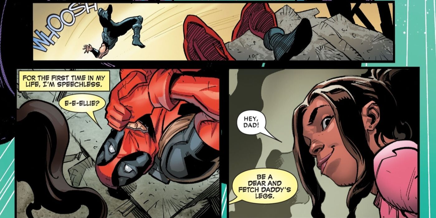 Comic book panels: Deadpool shocked to see his daughter, Ellie.