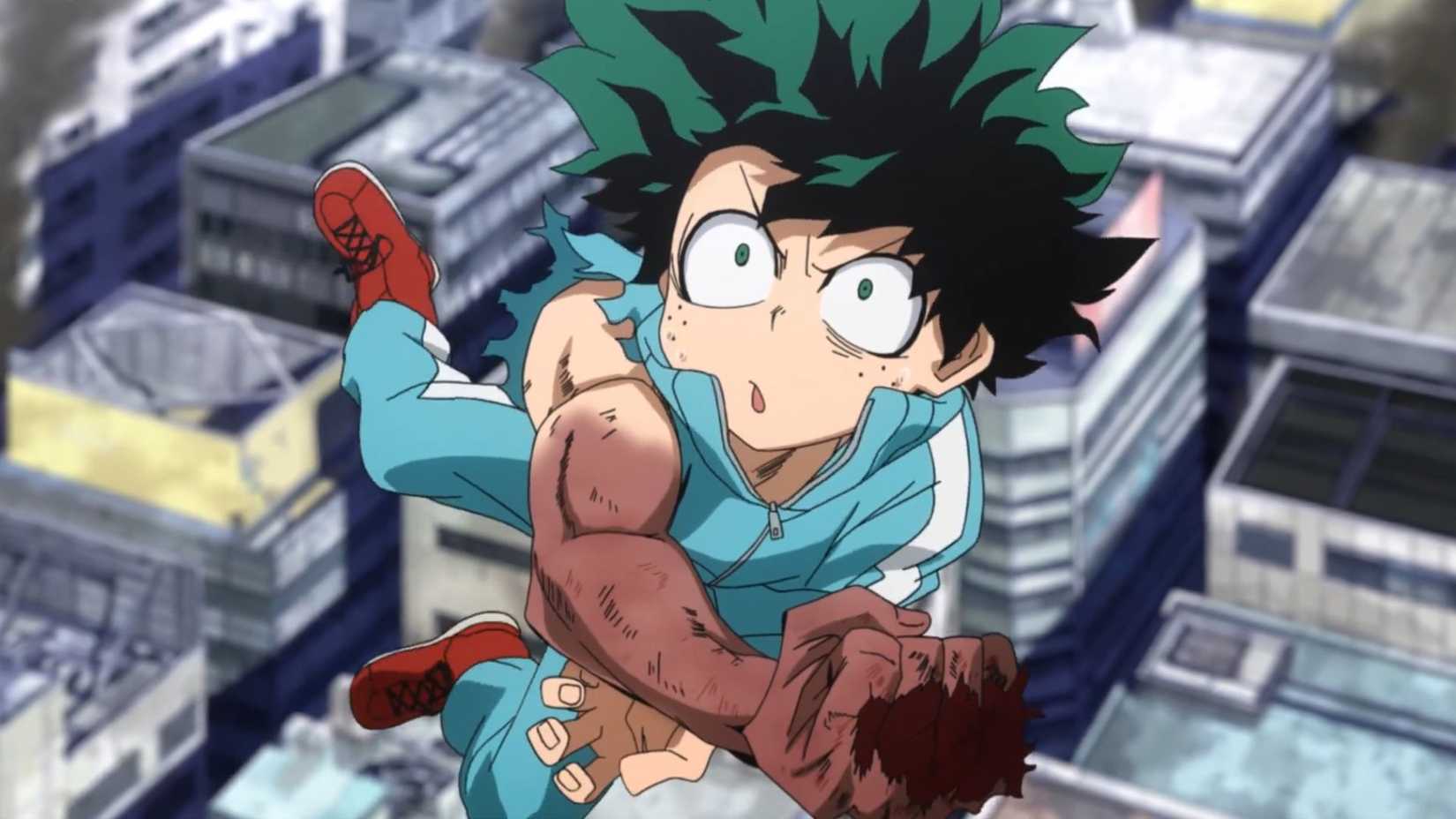 Deku schwebt mit gebrochenem rechten Arm in der Luft