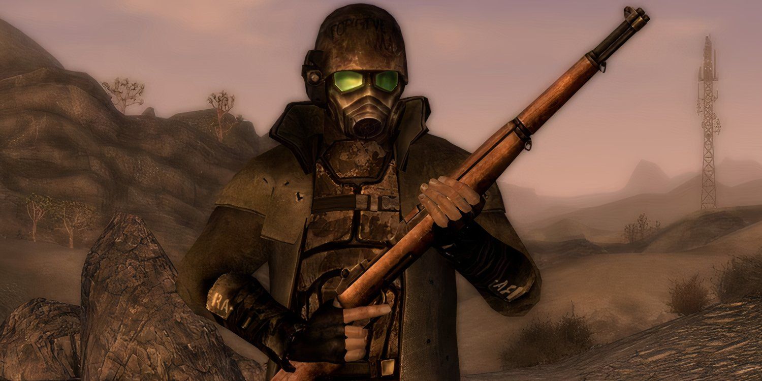 Desert Ranger holding a rifle in the wasteland from Fallout.