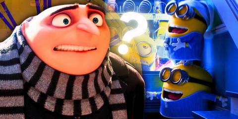Gru looking confused and the Minions in Despicable Me 4