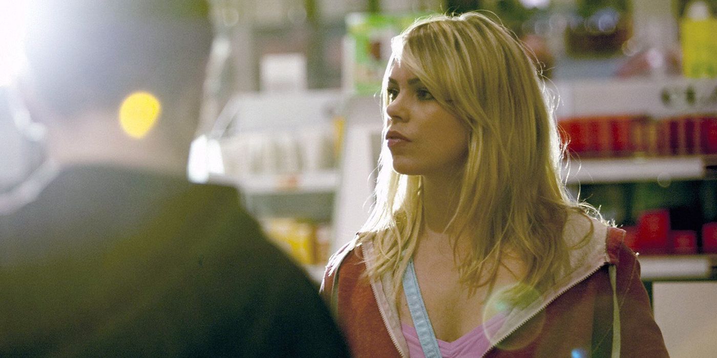 Billie Piper looking curious as Rose Tyler in Doctor Who.