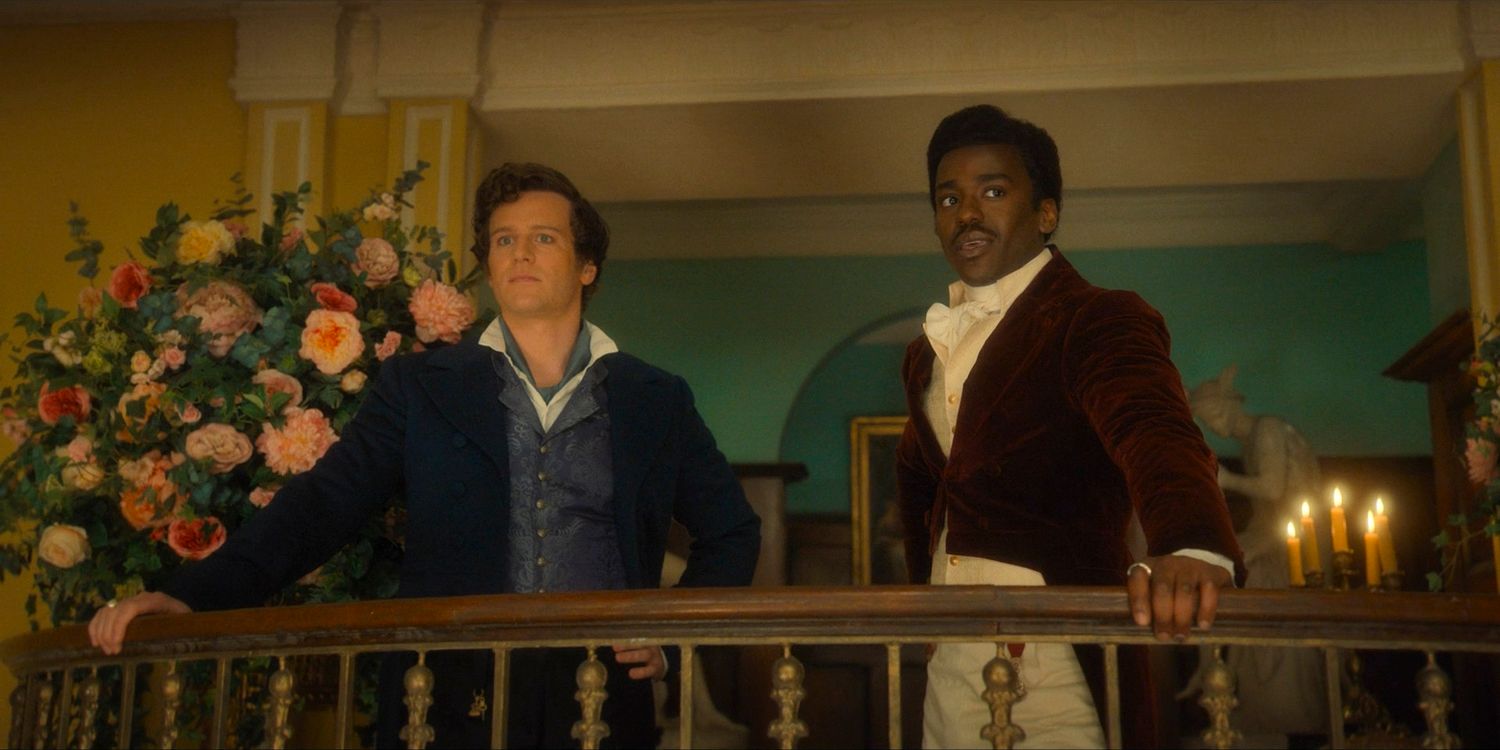 Rogue (Jonathan Groff) and The Doctor (Ncuti Gatwa) on a balcony observing the ball in Doctor Who season 14 episode 6