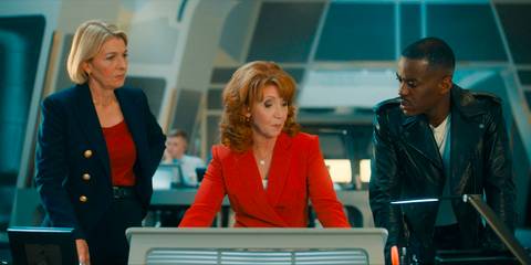 Kate (Jemma Redgrave), Melanie (Bonnie Langford) and The Doctor (Ncuti Gatwa) talking at UNIT in Doctor Who season 14 episode 7.